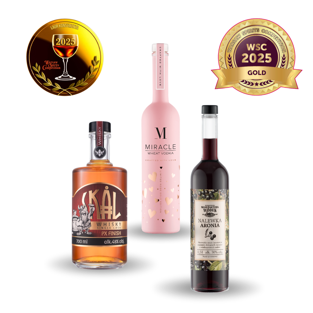 Nagrodzone alkohole Wielkopolskiej Manufaktury Wódek - nalewka Aronia, wódka MIRACLE Rose Gold oraz whisky Skål PX Cask Finish