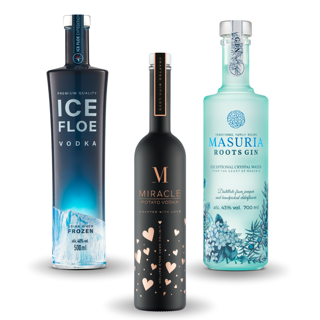 Nagrodzone alkohole Wielkopolskiej Manufaktury Wódek - gin Masuria Roots, wódka Ice Floe, wódka MIRACLE Dark Gold